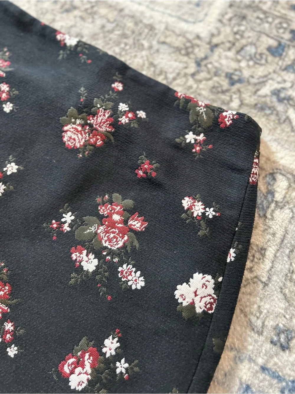 LOFT Floral Mini Skirt - Black with Burgundy & White Roses